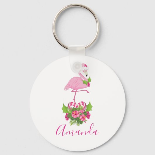 Roze flamingo in Santa Hat Whimsical Kerstmis Sleutelhanger (Voorkant)