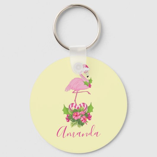 Roze flamingo in Santa Hat Whimsical Kerstmis Sleutelhanger (Voorkant)
