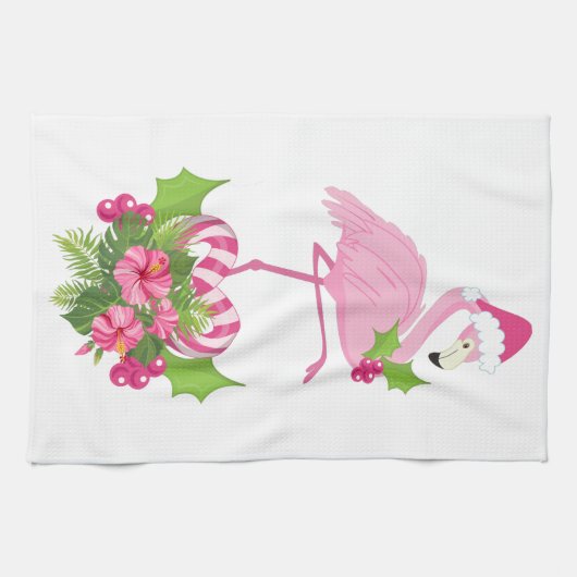 Roze flamingo in Santa Hat Whimsical Kerstmis Theedoek (Horizontaal)