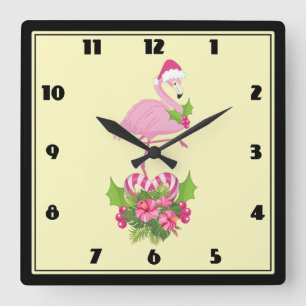 Roze flamingo in Santa Hat Whimsical Kerstmis Vierkante Klok