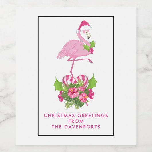 Roze flamingo in Santa Hat Whimsical Kerstmis Wijn Etiket (Enkel label)