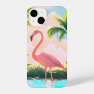 Roze Flamingo in Tropisch Paradise Retro Boho Art iPhone 14 Hoesje