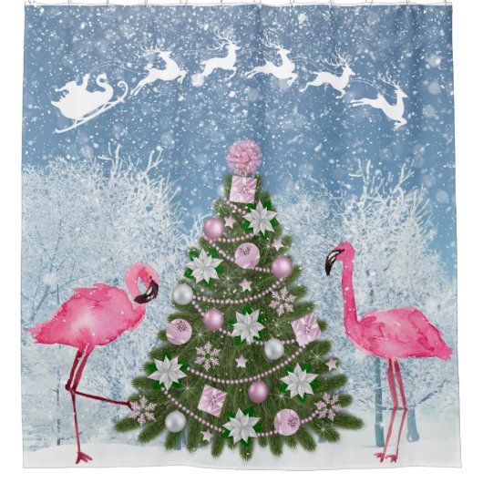 Roze Flamingo Kerstboom Douchegordijn (Voorkant)