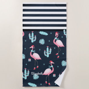 Roze Flamingo Kerstman Hoed Marineblauw Gestreepte Strandlaken
