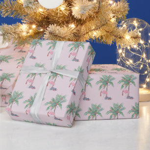 Roze Flamingo Kerstmanhoed met Palmboom & Lichtj Cadeaupapier