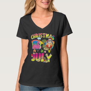 Roze flamingo kerstmis juli zomer V T-shirt