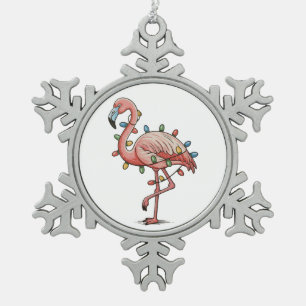 Roze Flamingo Kerstmis Xmas Licht Vakantie Tin Sneeuwvlok Ornament