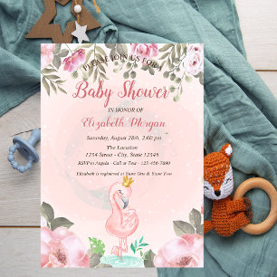 Roze Flamingo Kroon Bloemen Baby Shower  Kaart