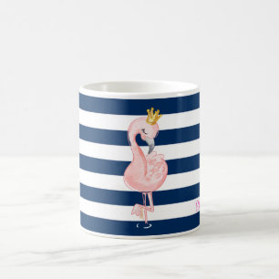 Roze Flamingo, Kroon Marineblauwe Strepen Koffiemok