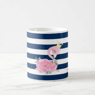 Roze Flamingo,Kroon,Rozen Marineblauwe Strepen Koffiemok