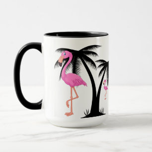 Roze Flamingo loopt door Black Palm Tree Mok