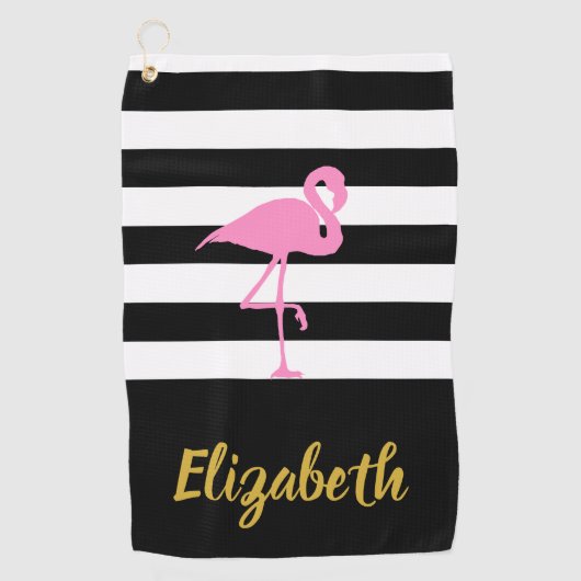 Roze Flamingo met aangepaste tekst en strepen Golfhanddoek (Voorkant)
