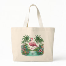 Roze flamingo met bloemen en palmbomen