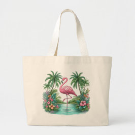 Roze flamingo met bloemen en palmbomen grote tote bag