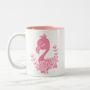 Roze flamingo met bloemenontwerp tweekleurige koffiemok