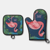  roze flamingo met naam ovenwant & pannenlap set (Voorkant)