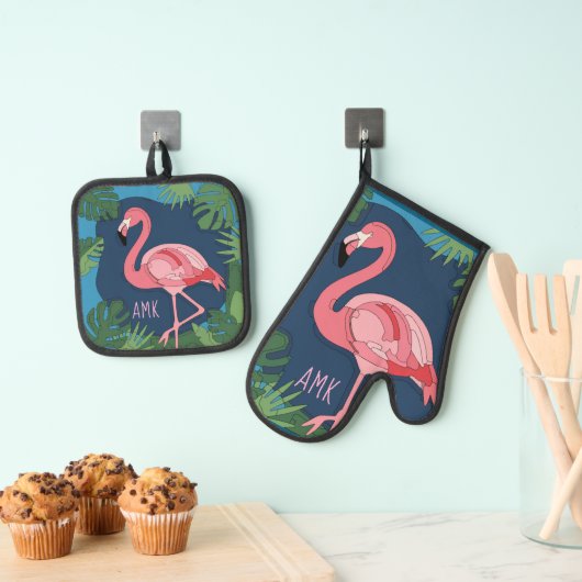  roze flamingo met naam ovenwant & pannenlap set (Insitu(Ophanging))