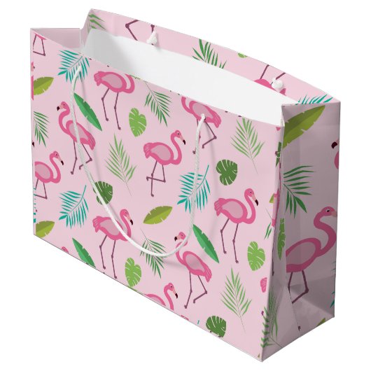 Roze Flamingo met Tropische bladeren Patroon Groot Cadeauzakje (Achterkant Gekanteld)