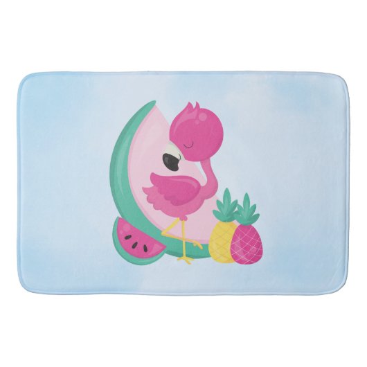 Roze Flamingo met Watermeloen en ananas Badmat (Voorkant)