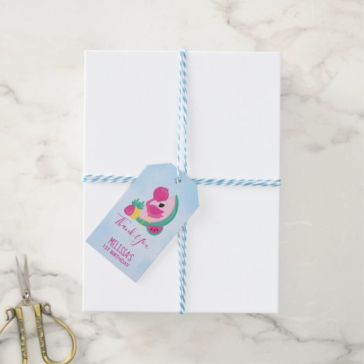Roze Flamingo met Watermeloen en ananas Cadeaulabel (Met Touw)