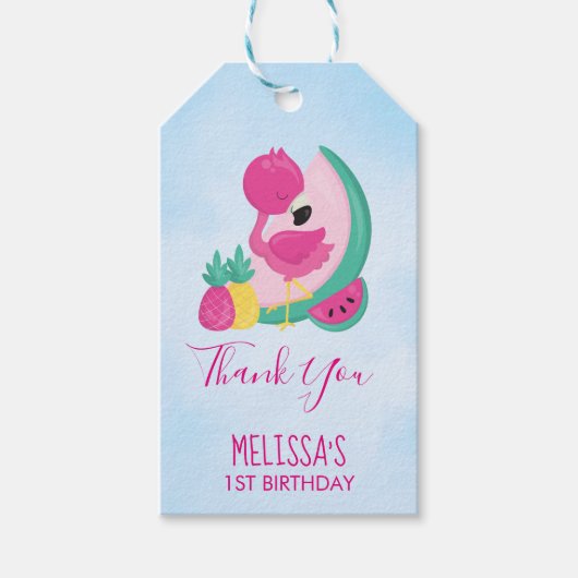 Roze Flamingo met Watermeloen en ananas Cadeaulabel (Voorkant)