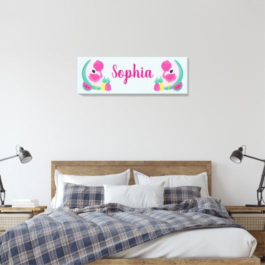 Roze Flamingo met Watermeloen en ananas Canvas Afdruk (Insitu (Slaapkamer))