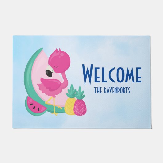 Roze Flamingo met Watermeloen en ananas Deurmat (Voorkant)