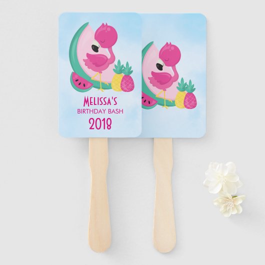 Roze Flamingo met Watermeloen en ananas Handwaaier (Voorkant en achterkant)