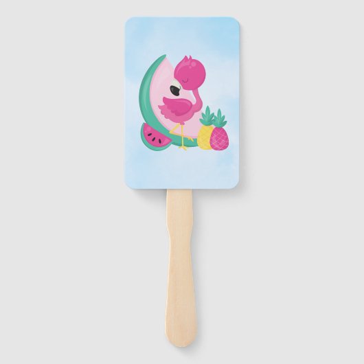 Roze Flamingo met Watermeloen en ananas Handwaaier (Achterkant)