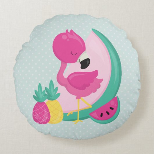 Roze Flamingo met Watermeloen en ananas Rond Kussen (Voorkant)
