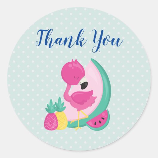 Roze Flamingo met Watermeloen en ananas Ronde Sticker (Voorkant)