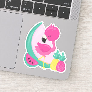 Roze Flamingo met Watermeloen en ananas Sticker