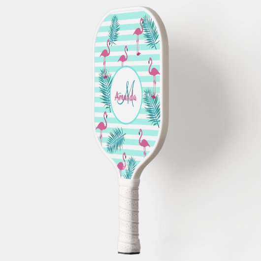 Roze flamingo mintgroene strepen palmbladeren pickleball paddle (Links)