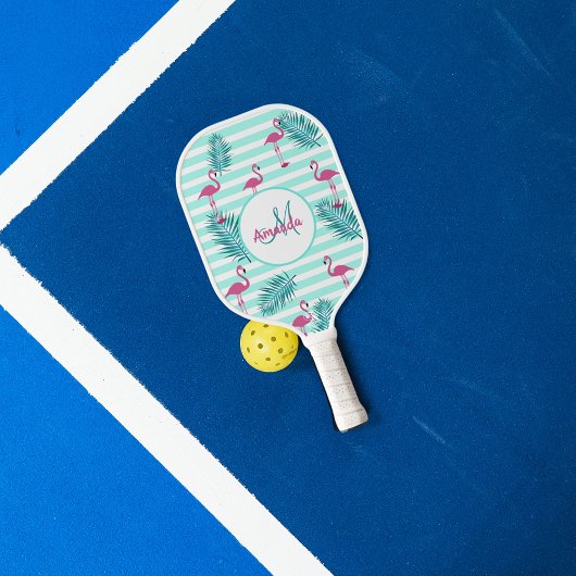 Roze flamingo mintgroene strepen palmbladeren pickleball paddle