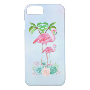 Roze Flamingo Momma & Baby met palmbomen iPhone 8/7 Hoesje