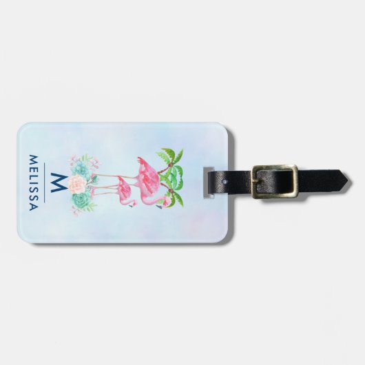 Roze Flamingo Momma & Baby met palmbomen Custom Bagagelabel (Voorkant horizontaal)