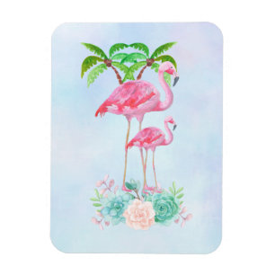 Roze Flamingo Momma & Baby met palmbomen Magneet
