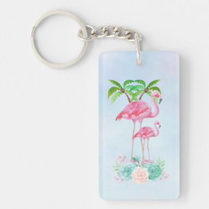 Roze Flamingo Momma & Baby met palmbomen Sleutelhanger