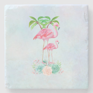 Roze Flamingo Momma & Baby met palmbomen Stenen Onderzetter