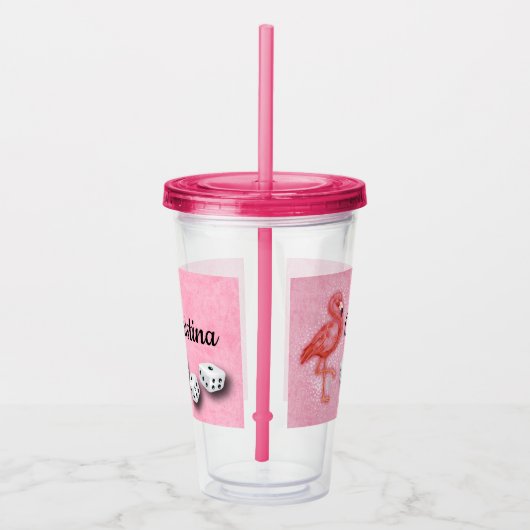 Roze Flamingo Monogram Bunco Player Dice Acryl Drinkbeker (Rechts)