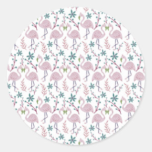 Roze flamingo naadloos patroon op witte achtergron ronde sticker