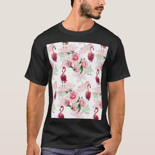 Roze Flamingo: Naadloze Patroon Elegantie T-shirt (Voorkant)