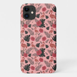 Roze flamingo naadloze patroonbloemen en -bladeren iPhone 11 hoesje