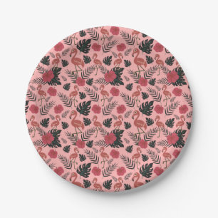 Roze flamingo naadloze patroonbloemen en -bladeren papieren bordje