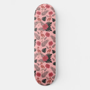 Roze flamingo naadloze patroonbloemen en -bladeren skateboard