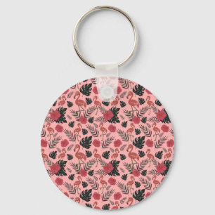 Roze flamingo naadloze patroonbloemen en -bladeren sleutelhanger