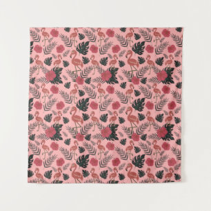 Roze flamingo naadloze patroonbloemen en -bladeren wandkleed