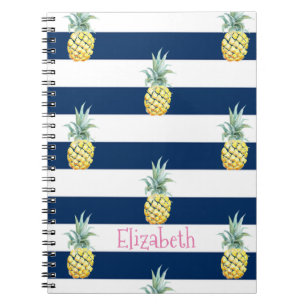 Roze flamingo, Navy Blue Stripes-Personalized Notitieboek