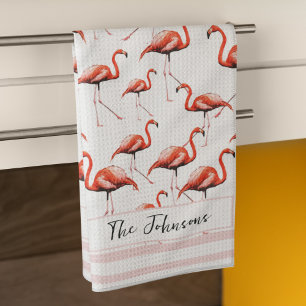 Roze Flamingo Ontwerp Aangepaste Familie Naam Zome Theedoek