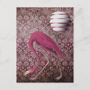 Roze Flamingo op behangpapier Briefkaart
